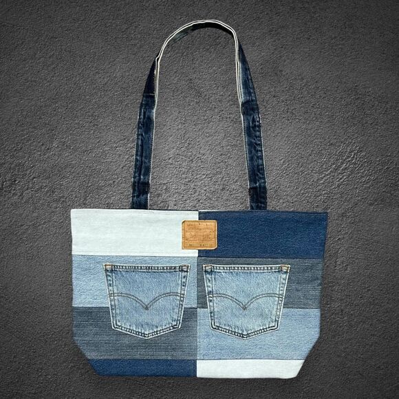 Handmade Patchwork Denim Bag Oversized Tote Shoulder Bag 16x6x14.5 Blue